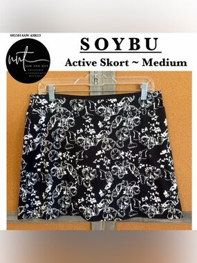 SOYBU Black White Floral Active Skort Skirt Shorts Size Medium Athletic